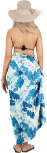 Blue Heaven Bloom Non-Sheer Allover Hibiscus Flower and Leaves Beach Wrap For Women