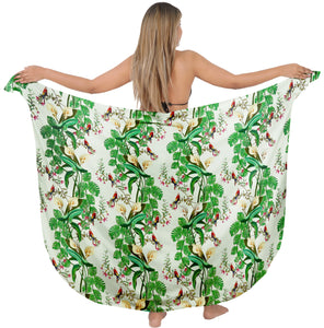 Non-Sheer Exotic Flowers Leaves and Parrot Print Green Beach Wrap For Women