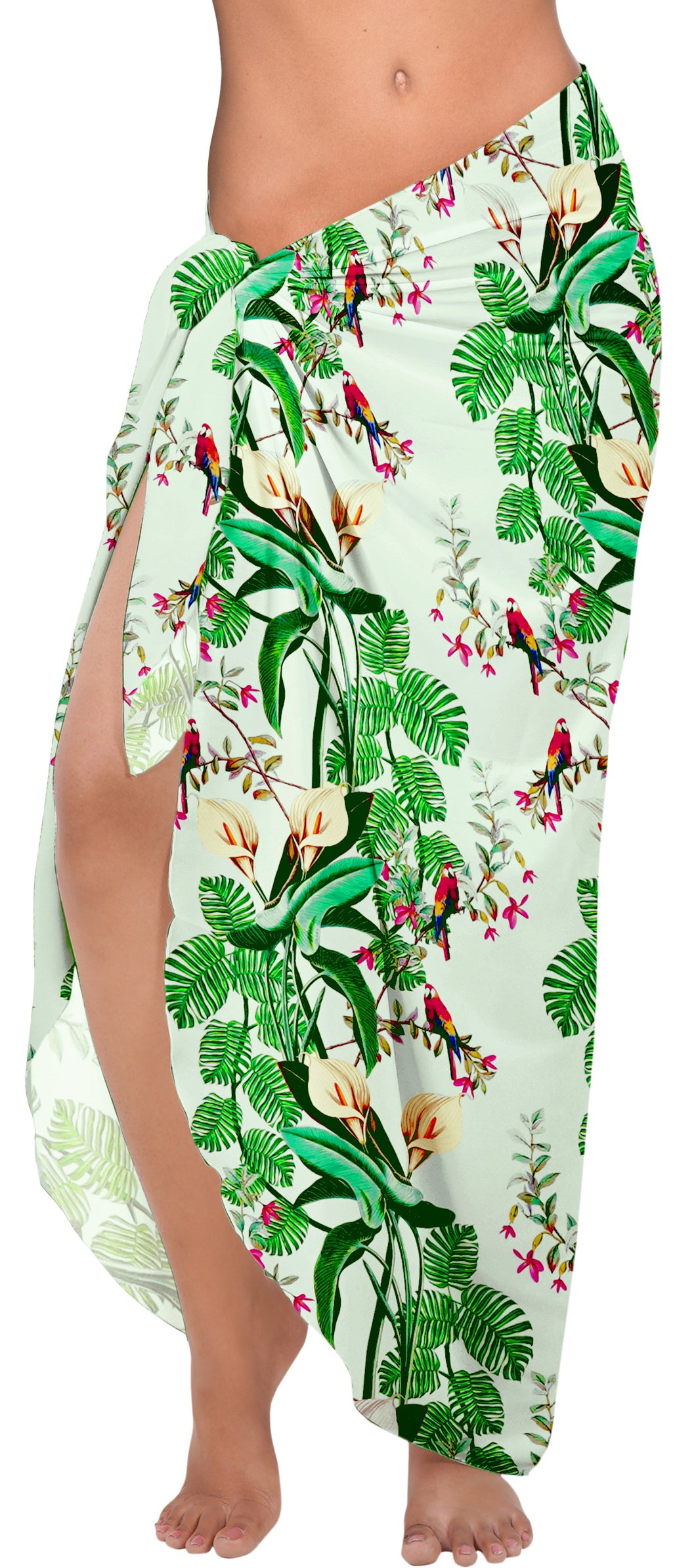 Non-Sheer Exotic Flowers Leaves and Parrot Print Green Beach Wrap For Women