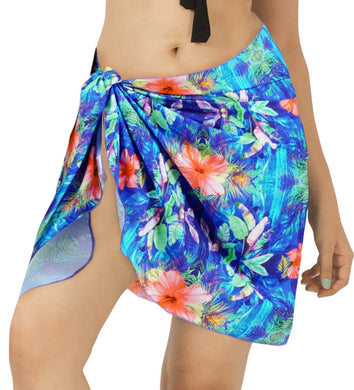 Tropical Radiance Non-Sheer Multicolor Hibiscus Flower and Leaves Print Half Beach Wrap For Women