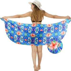 Tropical Radiance Non-Sheer Multicolor Hibiscus Flower and Leaves Print Half Beach Wrap For Women