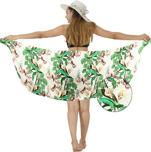 Green Non-Sheer Tropical Flowers, Leaves and Parrot Print Half Beach Wrap For Women