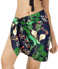 Load image into Gallery viewer, Navy Blue Non-Sheer Tropical Flowers, Leaves and Parrot Print Half Beach Wrap For Women