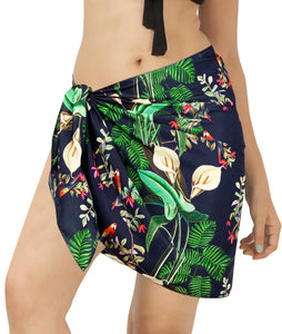 Navy Blue Non-Sheer Tropical Flowers, Leaves and Parrot Print Half Beach Wrap For Women