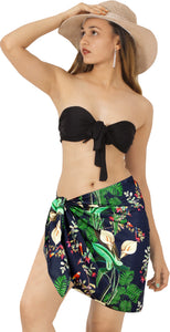 Navy Blue Non-Sheer Tropical Flowers, Leaves and Parrot Print Half Beach Wrap For Women