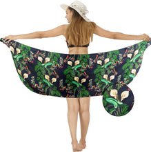 Load image into Gallery viewer, Navy Blue Non-Sheer Tropical Flowers, Leaves and Parrot Print Half Beach Wrap For Women