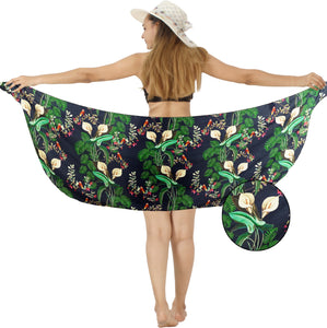 Navy Blue Non-Sheer Tropical Flowers, Leaves and Parrot Print Half Beach Wrap For Women