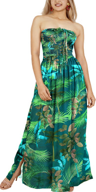 Navy Blue Palm Tree and Leaves Printed Long Tube Dress For Women
