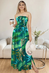 Navy Blue Palm Tree and Leaves Printed Long Tube Dress For Women