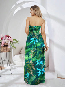 Navy Blue Palm Tree and Leaves Printed Long Tube Dress For Women