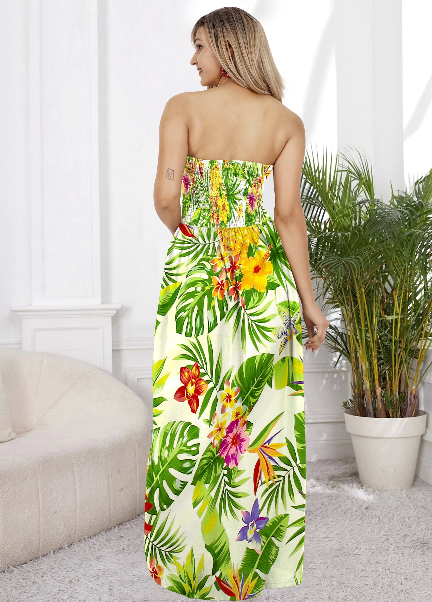 White Pineapple and Flower Print Long Tube Dress For Women P01219 White Pineapple and Flower Print Long Tube Dress For Women P01219