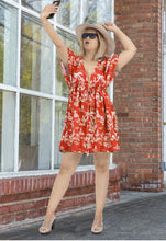 Load image into Gallery viewer, Red Non-Sheer Island and Sunset Printed V-Neck Beach Cover up For Women