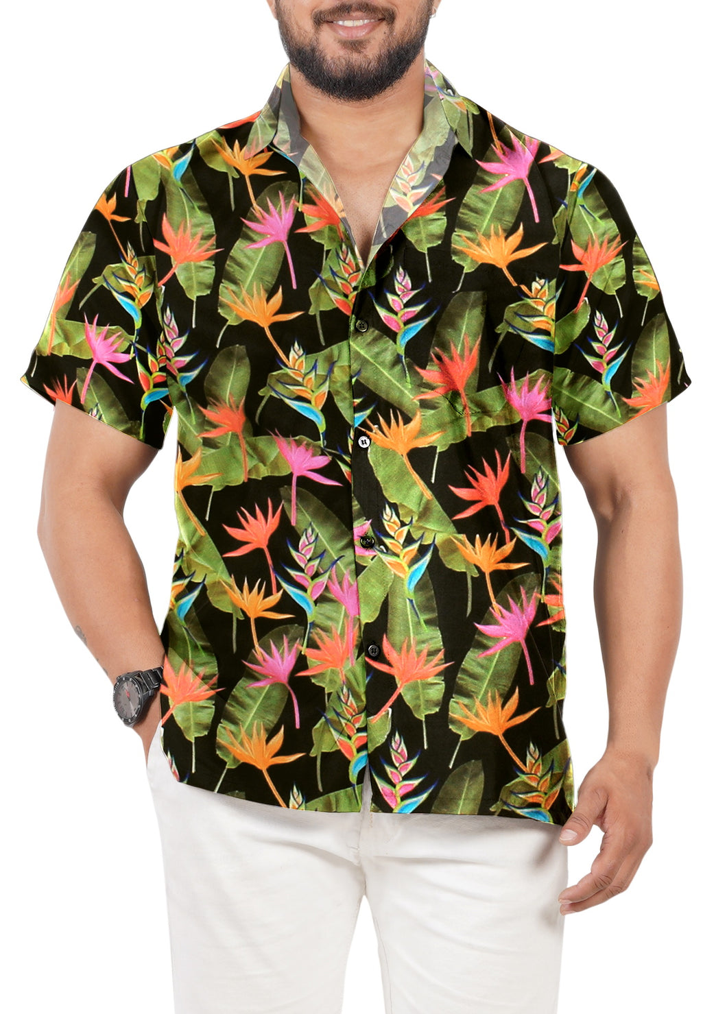 Black Banana Leaves and Floral Printed Hawaiian Beach Shirt For Men