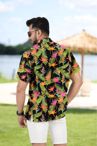 Black Banana Leaves and Floral Printed Hawaiian Beach Shirt For Men