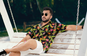 Black Banana Leaves and Floral Printed Hawaiian Beach Shirt For Men