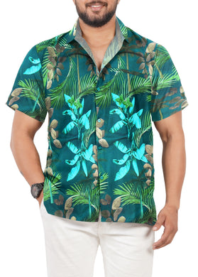 Navy Blue Tropical Leaves Printed Hawaiian Beach Shirt For Men
