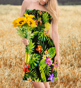 Black Fruits and Flower Printed Short Tube Dress For Women