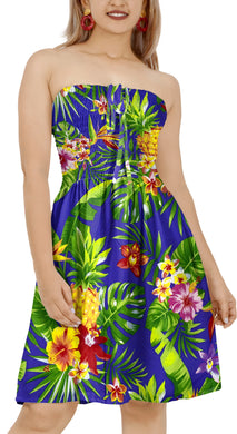 Royal Blue Allover Flower and Leaves Printed Short Tube Dress For Women