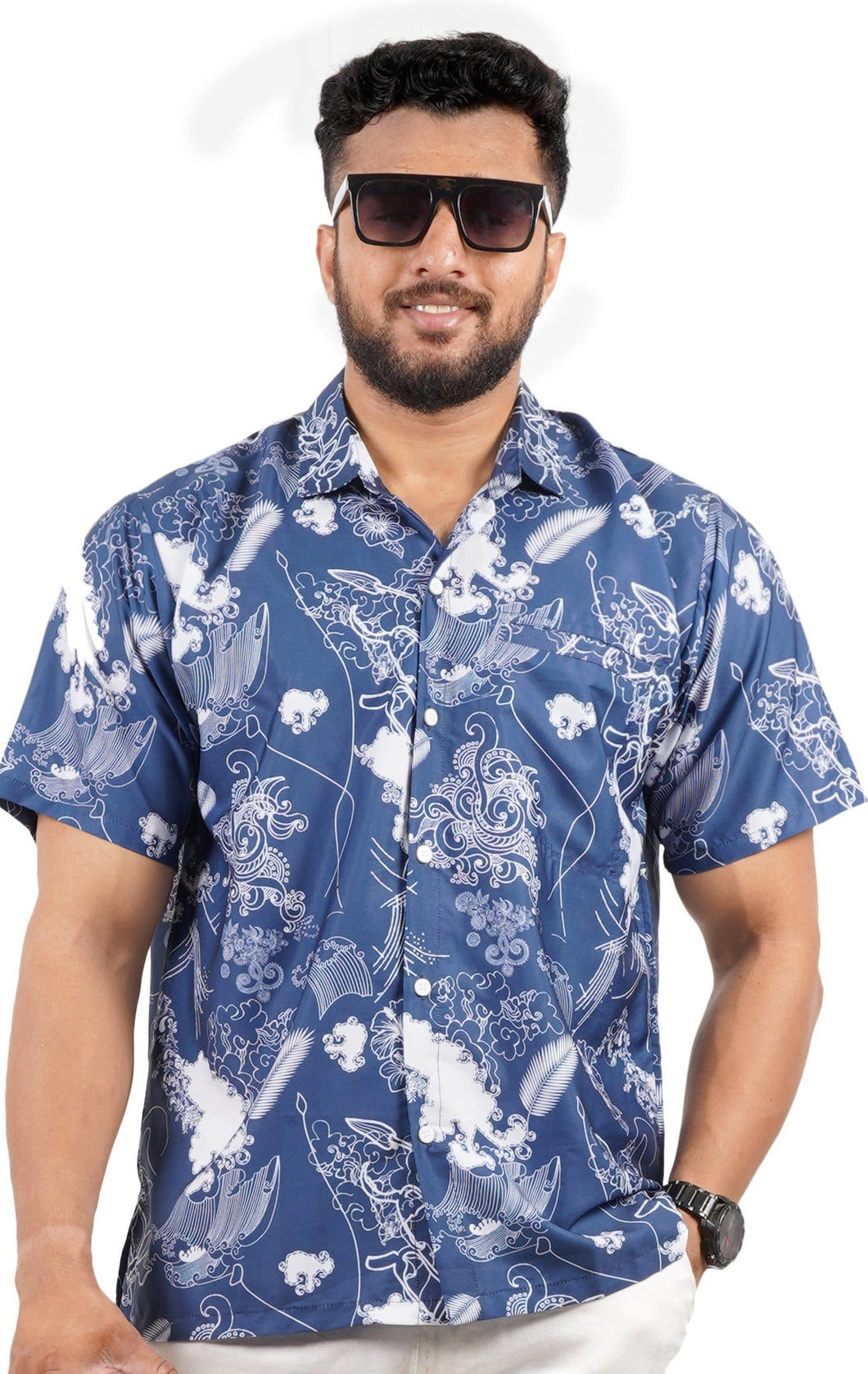 La Leela Men's Relax Waves and Feather Hawaiian Shirt Navy Blue