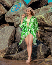 Load image into Gallery viewer, Green Sheer Allover Multicolor Feather Printed Kimono Shrug Jacket Cover up 918884