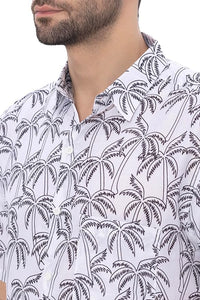 Tropical Allover Black Palm Tree Printed White Men's Linen Effect Shirt