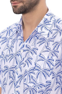 Tropical Allover Blue Palm Tree Printed White Men's Linen Effect Shirt