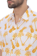 Cargar imagen en el visor de la galería, Tropical Vibes White &amp; Yellow Pineapple and Palm Tree Printed Linen Effect Men&#39;s Shirt