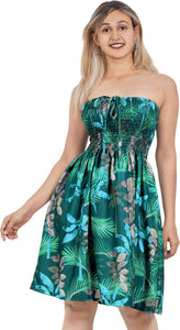 Allover Tropical Leaves Printed Short Navy Blue Dress For Women