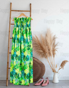 Green Allover Monstera Leaves Printed Long Tube Dress For Women