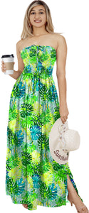 Green Allover Monstera Leaves Printed Long Tube Dress For Women
