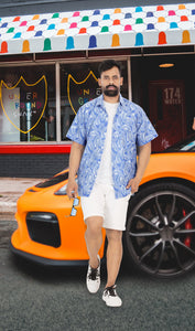 Royal Blue Allover Palm Leaves Printed Rayon Shirt For Men