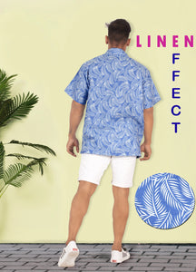 Royal Blue Allover Palm Leaves Printed Rayon Shirt For Men