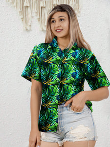 Green Allover Palm Leafs Tropical Printed Hawaiian Shirts For Women