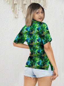 Green Allover Palm Leafs Tropical Printed Hawaiian Shirts For Women