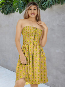 Tropical Retreat Brown Palm Tree and Pineapple Print Short Tube Dress For Women