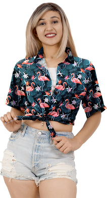 Black Flamingo and Leaves Printed Hawaiian Shirts For Women