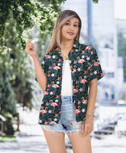 Load image into Gallery viewer, Black Flamingo and Leaves Printed Hawaiian Shirts For Women