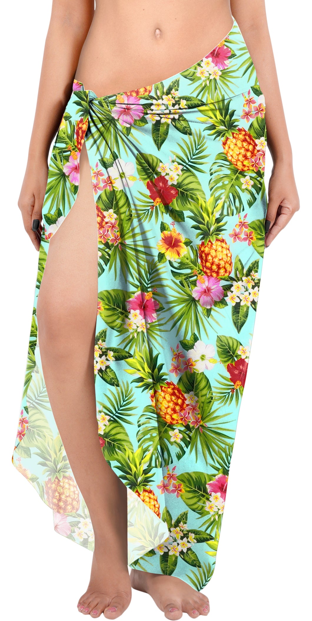 Sea Green Non-Sheer Beach Wrap For Women with Allover Pineapple, Leaves and Floral Print