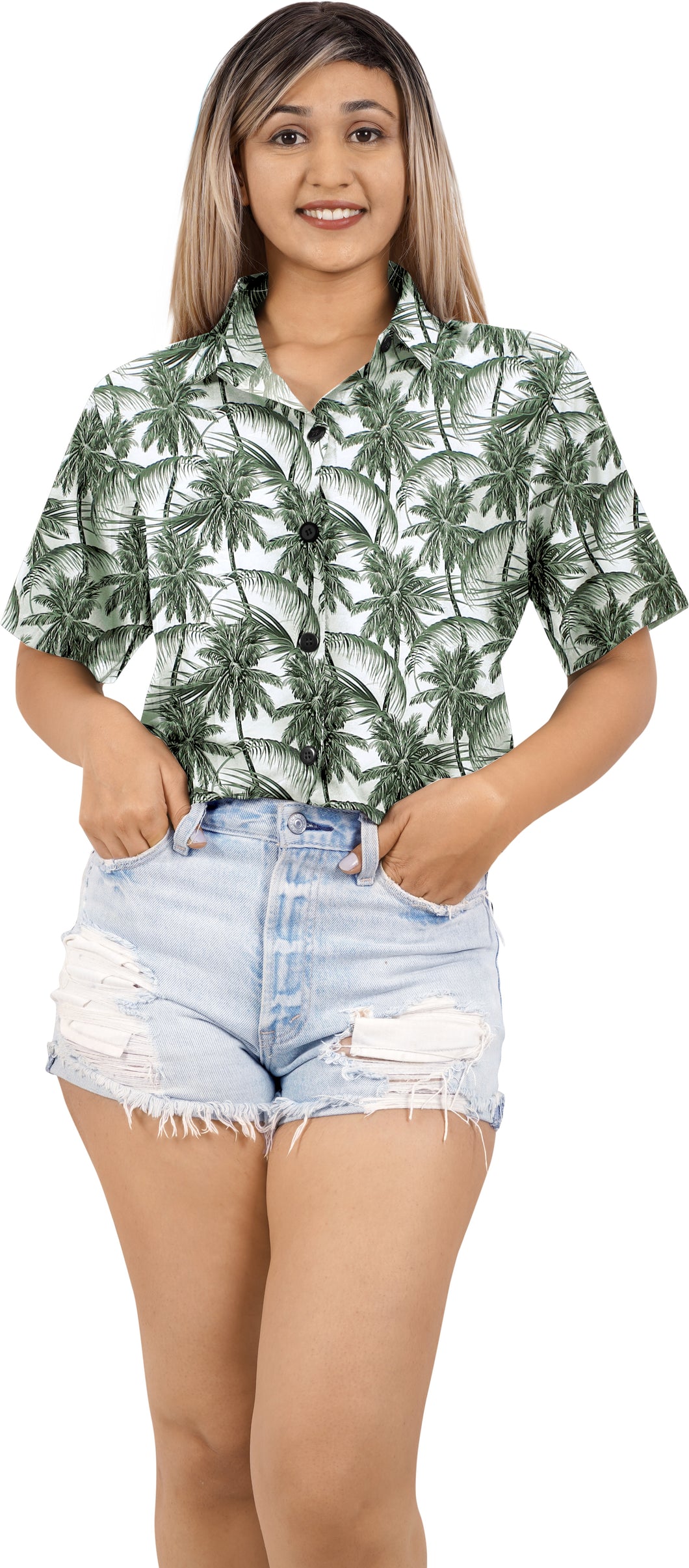Women's Gray Tropical Palm Tree Printed Hawaiian Shirts