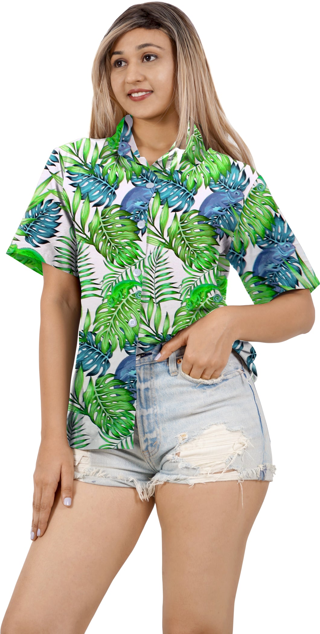 White Palm and Monstera Leaves Printed Hawaiian Shirts For Women