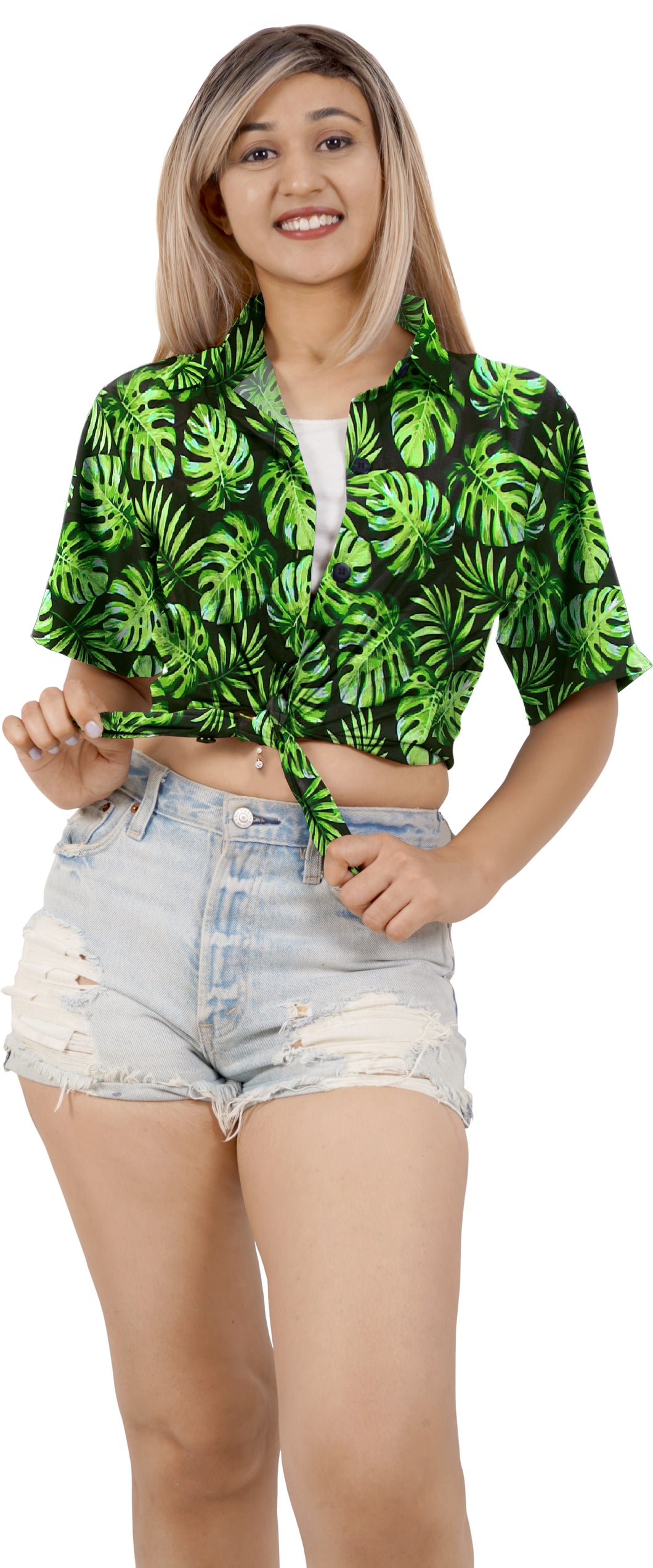 Green Monstera Leaf Printed Hawaiian Shirts For Women