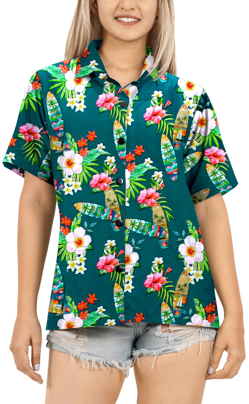 Blue Floral Printed Hawaiian Shirts for Women