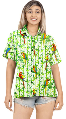 White and Green Parrot Printed Hawaiian Shirts For Women