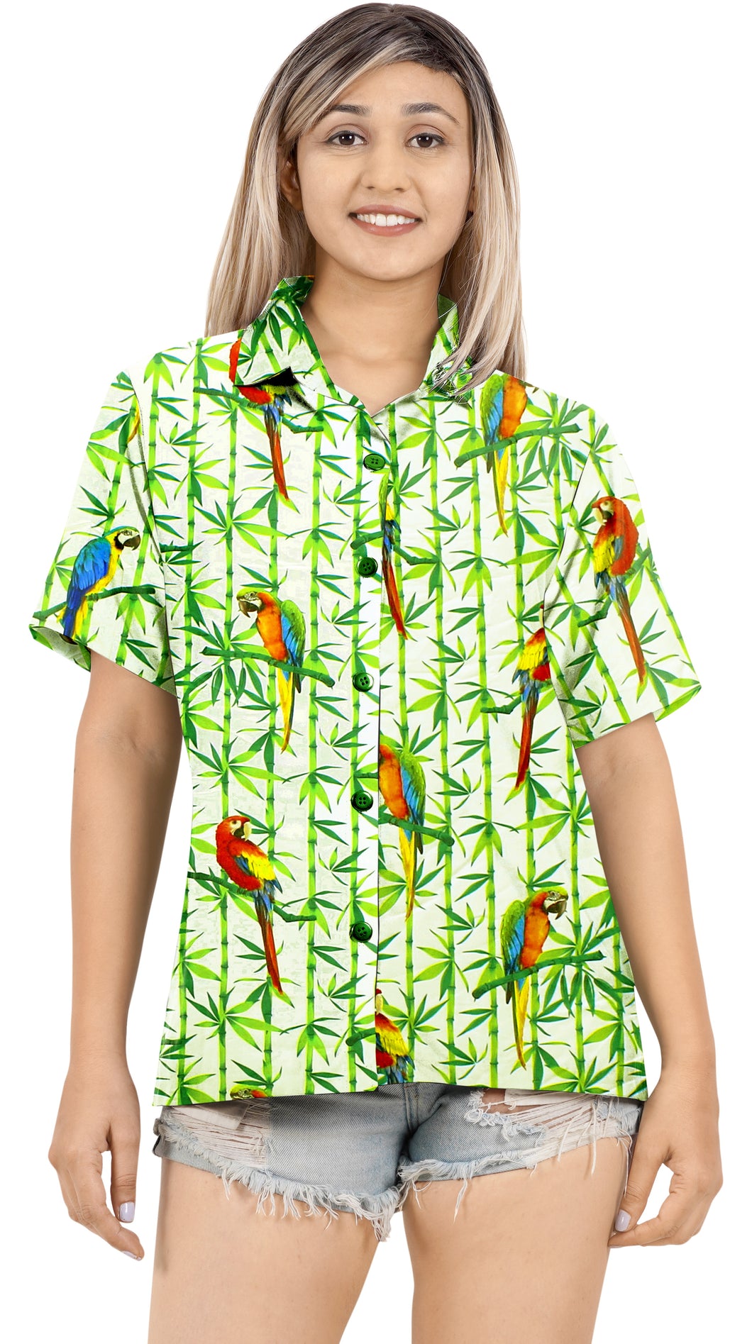 White and Green Parrot Printed Hawaiian Shirts For Women
