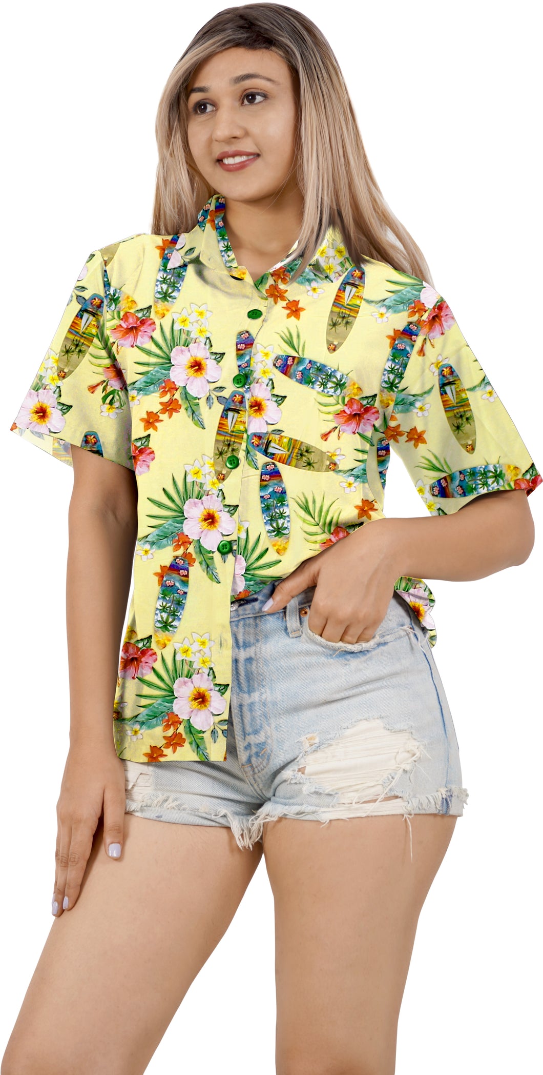 Cream Floral Printed Hawaiian Shirts for Women