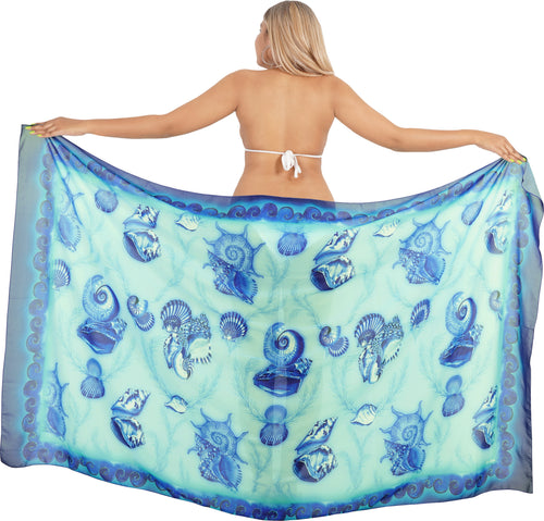 Sheer Sea Blue Color Sea Shell Printed Beach Wrap For Women