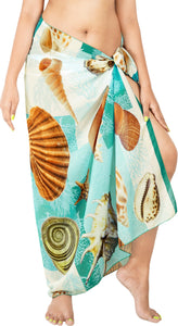 Sea Green Sheer Allover Starfish and Sea Shells Print Beach Wrap For Women