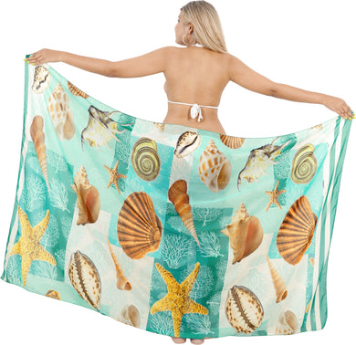 Sea Green Sheer Allover Starfish and Sea Shells Print Beach Wrap For Women