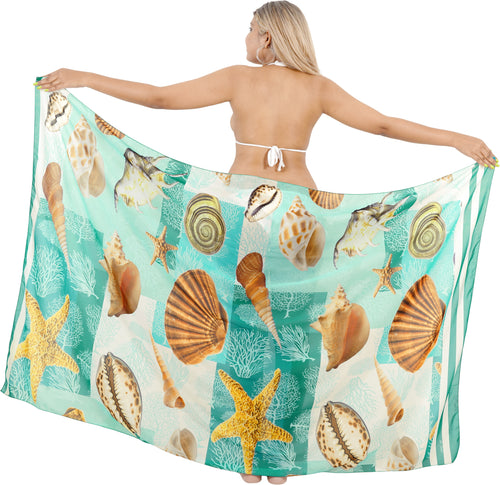 Sea Green Sheer Allover Starfish and Sea Shells Print Beach Wrap For Women