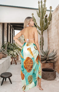 Sea Green Sheer Allover Starfish and Sea Shells Print Beach Wrap For Women